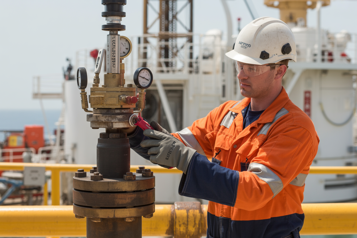 Create a realistic image of a white male industrial technician in safety gear operating a hydraulic pressure release valve on an offshore oil rig, with gauges and control panels visible, industrial equipment in the background, bright daylight illuminating the scene, showing precise hand movements on safety controls, conveying focused professionalism and technical expertise. Absolutely NO text should be in the scene.
