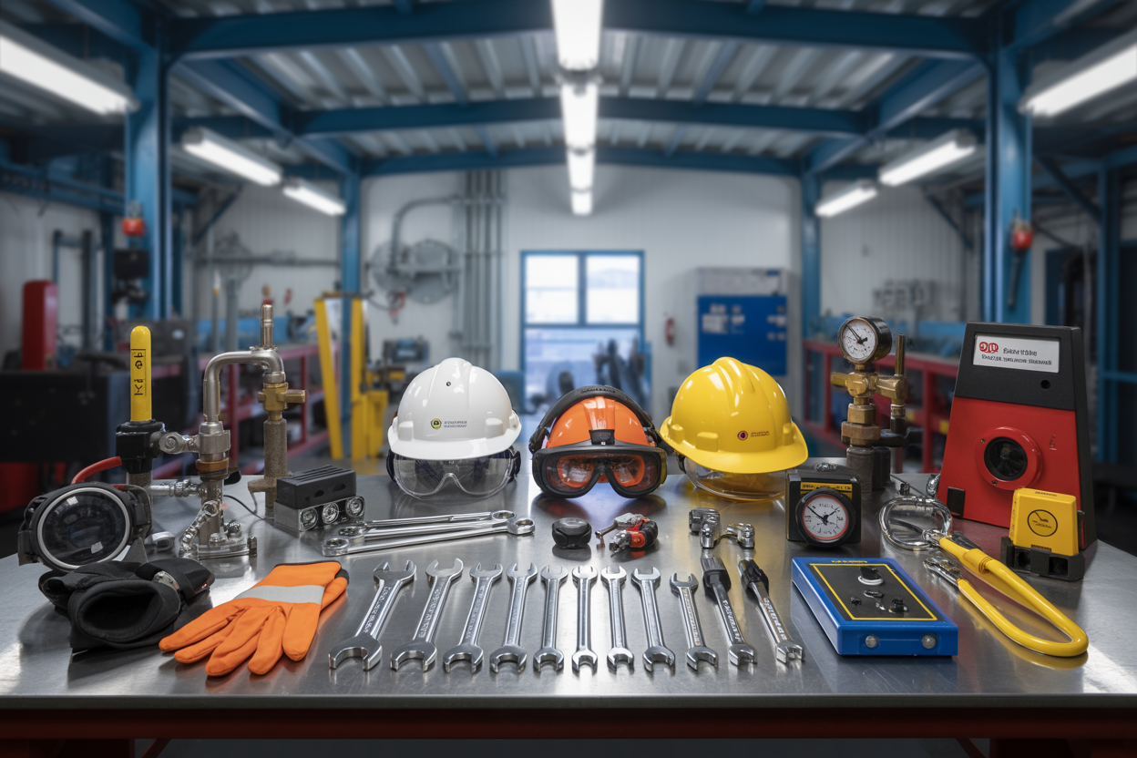 Create a realistic image of essential safety equipment and tools laid out on a metal workbench in an industrial rig facility, including hard hats, safety goggles, work gloves, lockout/tagout devices, pressure gauges, wrenches, safety harnesses, emergency shut-off valves, and monitoring instruments, with bright industrial lighting illuminating the organized display of equipment against a clean workshop background with steel beams visible overhead, absolutely NO text should be in the scene.