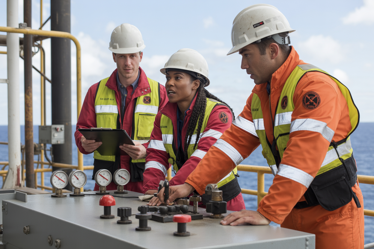 Create a realistic image of oil rig workers in safety gear implementing emergency response procedures, showing a diverse team including a white male supervisor with clipboard, a black female engineer operating emergency controls, and an Asian male technician monitoring pressure gauges, all wearing hard hats and high-visibility vests, positioned around industrial control panels with red emergency buttons and warning lights, set against an offshore oil rig platform background with ocean visible, under bright daylight with professional industrial lighting, conveying urgency and coordinated safety response, absolutely NO text should be in the scene.