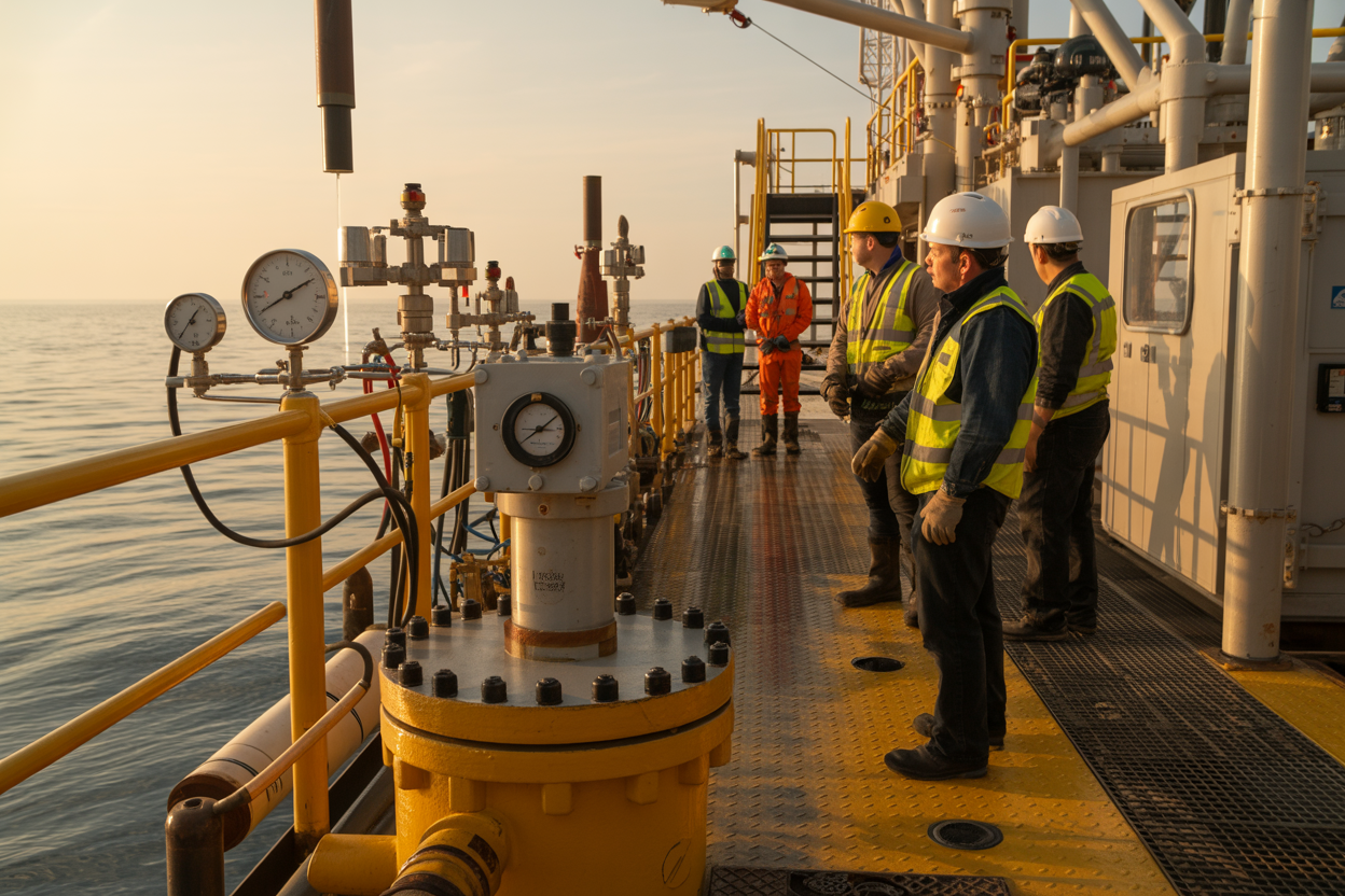 Create a realistic image of an offshore oil rig platform at golden hour with safety equipment prominently displayed in the foreground including pressure gauges, safety valves, and emergency shutdown controls, a diverse group of workers wearing hard hats and high-visibility safety vests observing proper safety protocols near industrial machinery, hydraulic systems and mechanical equipment visible in the mid-ground showing controlled energy release mechanisms, calm ocean waters in the background with warm sunset lighting creating a professional and secure atmosphere that emphasizes safety and controlled operations, absolutely NO text should be in the scene.