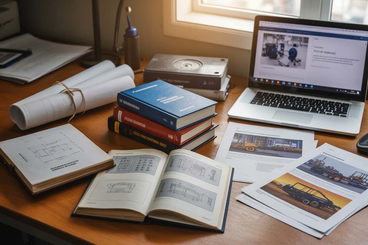 Create a realistic image of a collection of technical manuals, safety handbooks, and industrial reference books scattered on a wooden desk, with some books open showing technical diagrams and safety procedures, alongside a laptop computer displaying a technical website, rolled blueprints tied with rubber bands, and a few printed research papers with industrial equipment photos, all arranged in a well-lit office environment with warm natural lighting from a window, absolutely NO text should be in the scene.