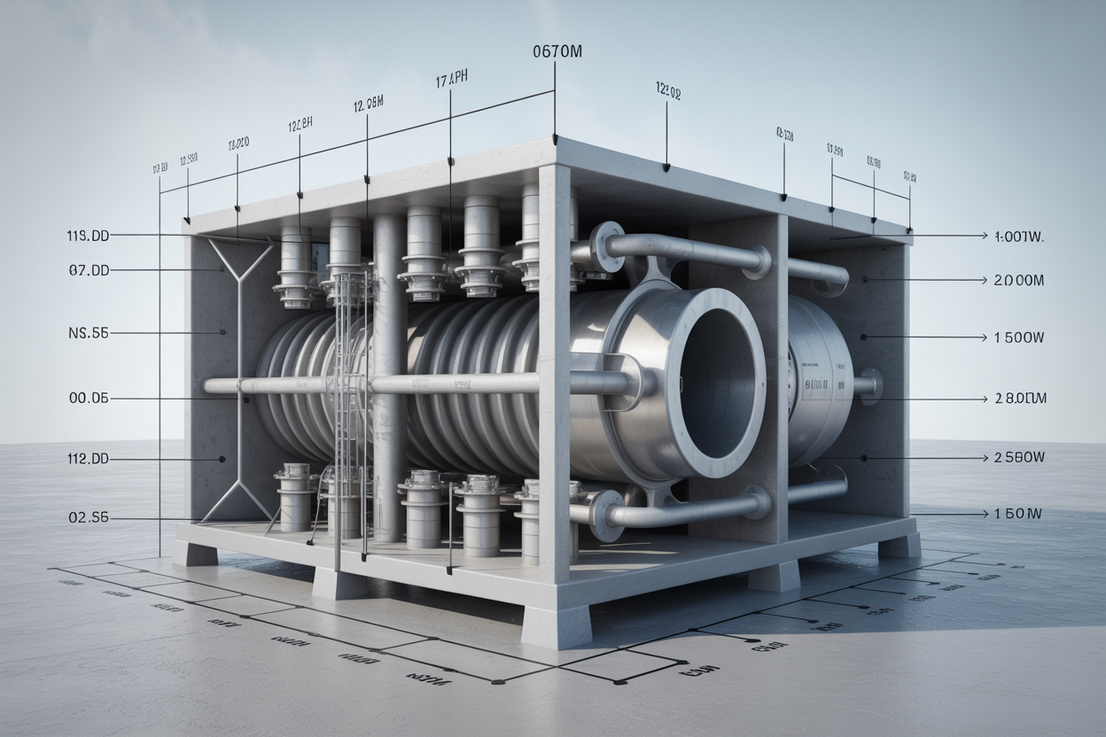 Create a realistic image of a detailed technical cross-section view of a mud tank system showing critical design components including internal baffles, agitators, inlet and outlet pipes, sediment compartments, and flow direction indicators, with precise engineering measurements and dimensional callouts visible, set against a clean industrial background with professional technical lighting highlighting the internal structure and key performance parameters, shot from a three-quarter angle to show depth and complexity of the system design, absolutely NO text should be in the scene.