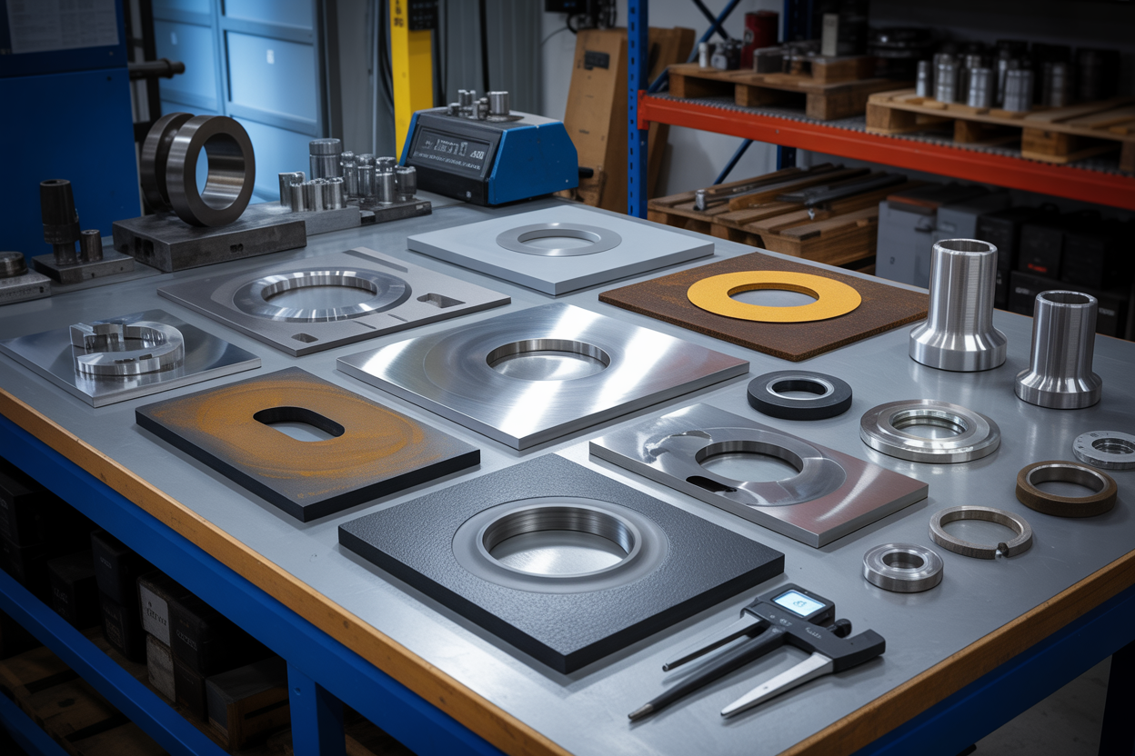 Create a realistic image of various industrial materials and components laid out for comparison, including steel plates with different coatings, corrosion-resistant alloy samples, rubber gaskets, and metal fittings, all arranged on a clean industrial workbench with material testing equipment like calipers and hardness testers nearby, bright workshop lighting illuminating the metallic surfaces and highlighting the different textures and finishes of each material option, industrial manufacturing facility background with storage racks visible, professional and technical atmosphere. Absolutely NO text should be in the scene.