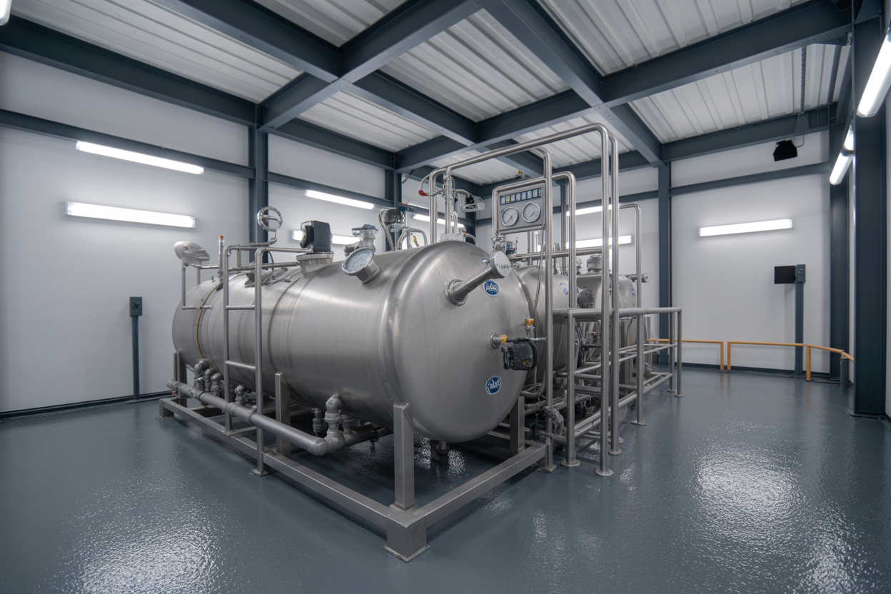 Create a realistic image of a modern industrial mud tank system with visible performance monitoring equipment including digital gauges, flow meters, and control panels, featuring clean metallic surfaces with optimal lighting, precise piping connections, and efficient fluid circulation patterns, set in a well-organized drilling facility environment with proper ventilation and safety equipment, captured in bright industrial lighting that highlights the technical precision and operational efficiency of the system, absolutely NO text should be in the scene.