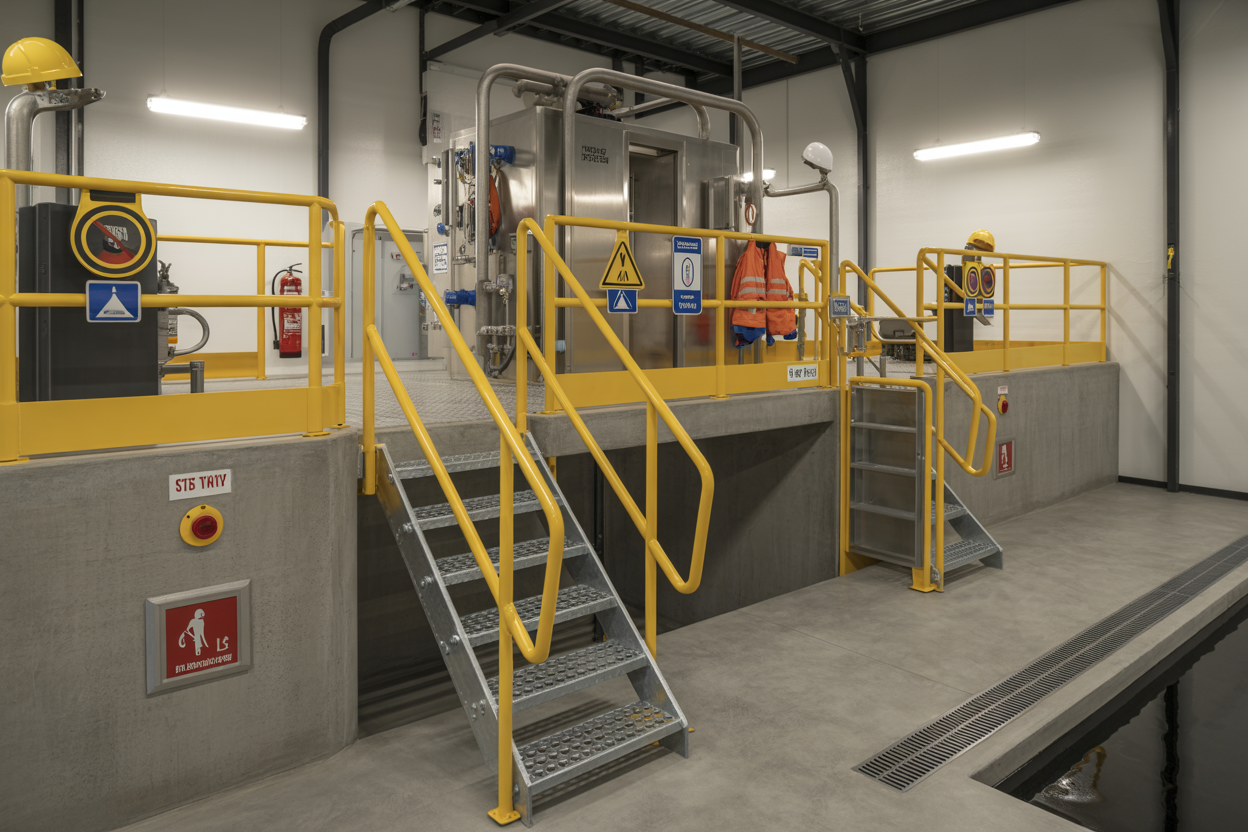 Create a realistic image of a modern industrial mud tank system facility showing safety compliance elements including yellow safety railings, emergency stop buttons, warning signs, safety equipment stations, proper lighting fixtures, concrete containment areas, steel walkways with non-slip surfaces, emergency eyewash stations, fire extinguisher mounted on wall, hard hats and safety vests hanging on hooks, well-lit industrial environment with clean organized layout emphasizing workplace safety standards, professional industrial setting with bright overhead lighting, absolutely NO text should be in the scene.