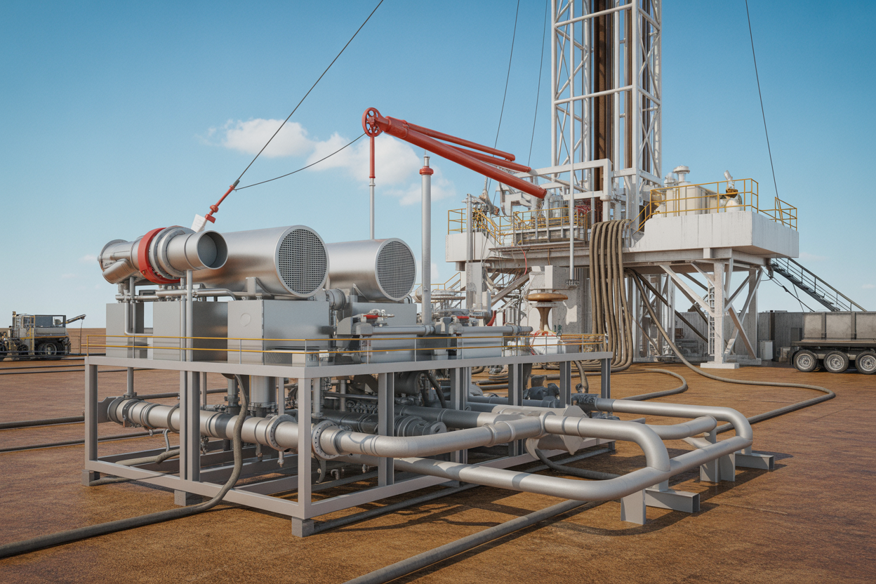 Create a realistic image of a detailed cross-section view of an onshore drilling rig's drilling fluid management system showing the complete circulation process, featuring large mud tanks, centrifugal pumps, shale shakers, and degassers connected by a network of steel pipes and hoses, with drilling mud flowing through the system indicated by the brownish fluid visible in transparent sections of the equipment, set against an industrial onshore drilling site background with the drilling derrick visible in the distance, under bright daylight conditions that clearly illuminate all the mechanical components and their interconnections, absolutely NO text should be in the scene.