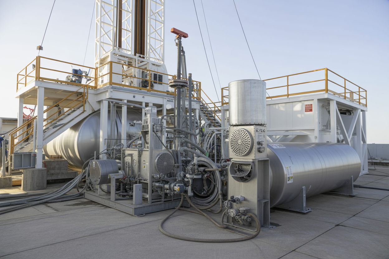 Create a realistic image of essential components of a modern drilling fluid management system on an onshore drilling rig, featuring large steel mud tanks with mixing equipment, shale shakers with vibrating screens, degassers, centrifuges, and mud pumps interconnected by pipes and hoses, industrial setting with metal walkways and safety railings, bright daylight with clear visibility of all mechanical components, professional industrial atmosphere, Absolutely NO text should be in the scene.