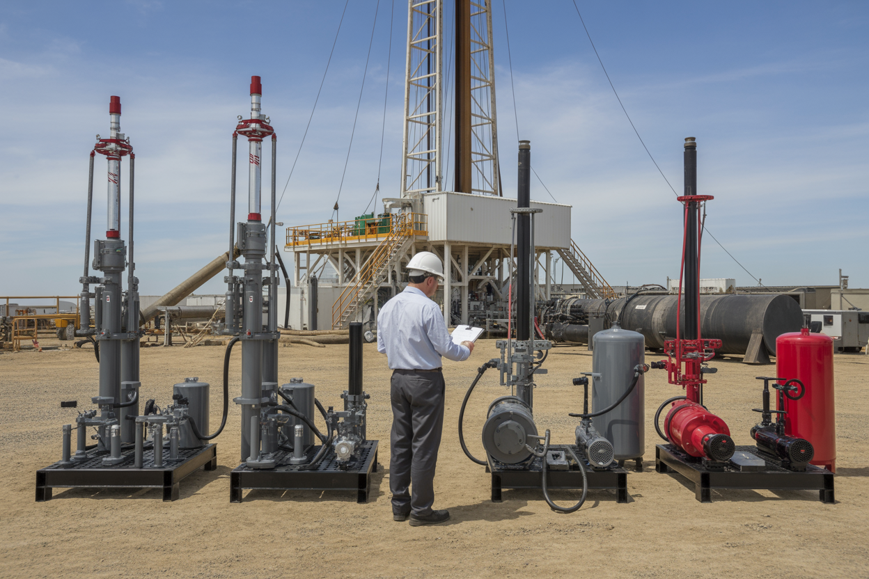 Create a realistic image of an onshore drilling rig site with multiple drilling fluid management system components displayed in the foreground, including mud pumps, shale shakers, desanders, and storage tanks of varying sizes, with a white male engineer in safety gear and hard hat examining technical specifications on a clipboard while standing between different system options, set against an industrial drilling operation background with derrick tower visible, under bright daylight conditions that emphasize the comparison and selection process of equipment, absolutely NO text should be in the scene.