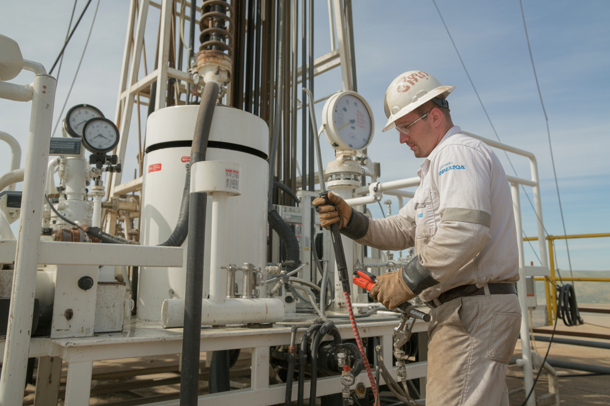 Create a realistic image of a white male drilling technician in safety gear performing maintenance checks on drilling fluid management equipment at an onshore drilling rig facility, with fluid circulation tanks, pumps, and monitoring gauges visible in the background, industrial setting with natural daylight, the worker actively inspecting equipment with tools in hand, clean and well-maintained machinery indicating proper operational procedures, absolutely NO text should be in the scene.