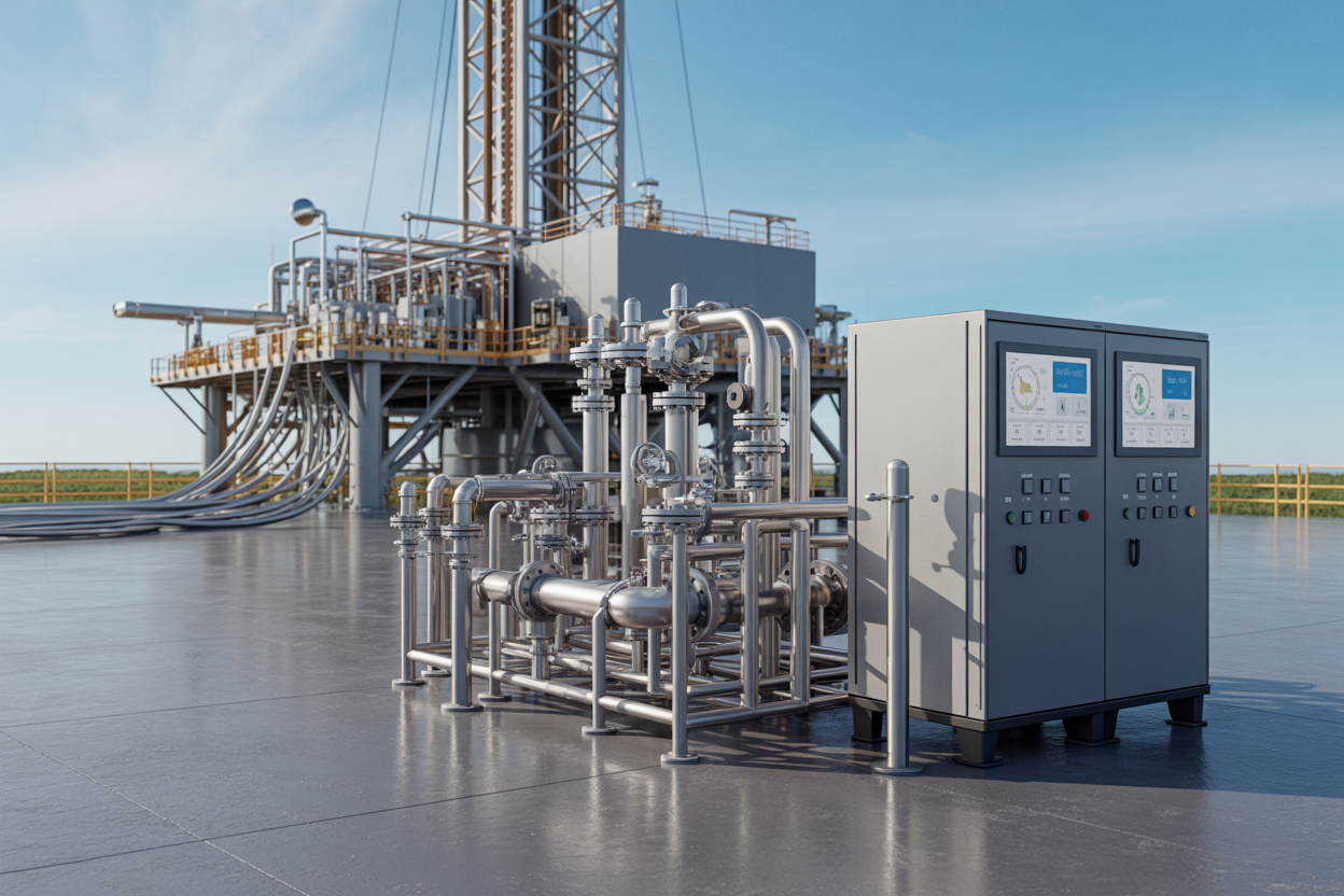Create a realistic image of a modern onshore drilling rig facility showcasing advanced drilling fluid management technology with sophisticated control panels featuring digital displays and monitoring screens, automated fluid circulation systems with gleaming steel pipes and valves, high-tech filtration equipment, and computerized monitoring stations, set against an industrial background with clear blue sky, bright daylight illuminating the metallic surfaces and creating a professional technological atmosphere that emphasizes innovation and precision engineering. Absolutely NO text should be in the scene.