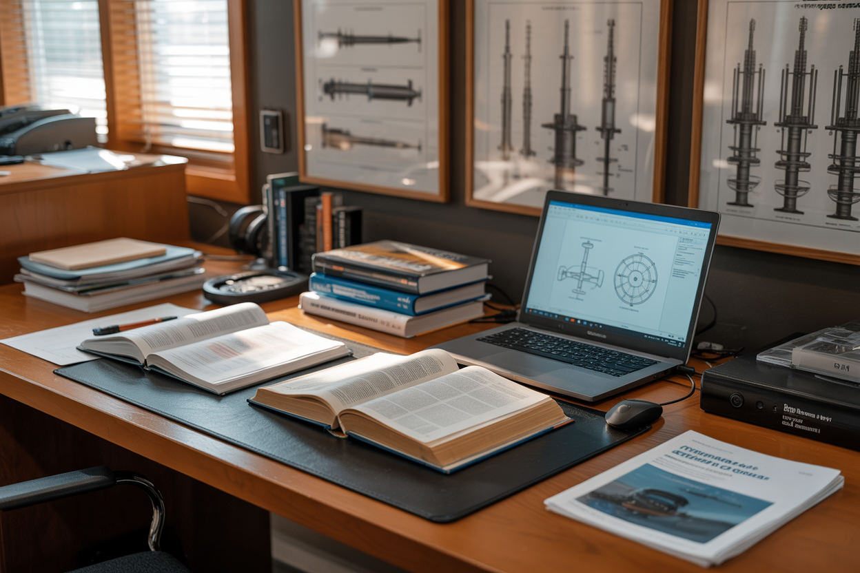 Create a realistic image of a technical library or research desk with open drilling engineering textbooks, technical manuals, and scientific journals spread across a wooden desk surface, alongside a laptop computer displaying technical diagrams, with a stack of academic papers and industry publications visible, set in a professional office environment with warm natural lighting from a window, and industrial drilling equipment reference charts mounted on the wall in the background, absolutely NO text should be in the scene.