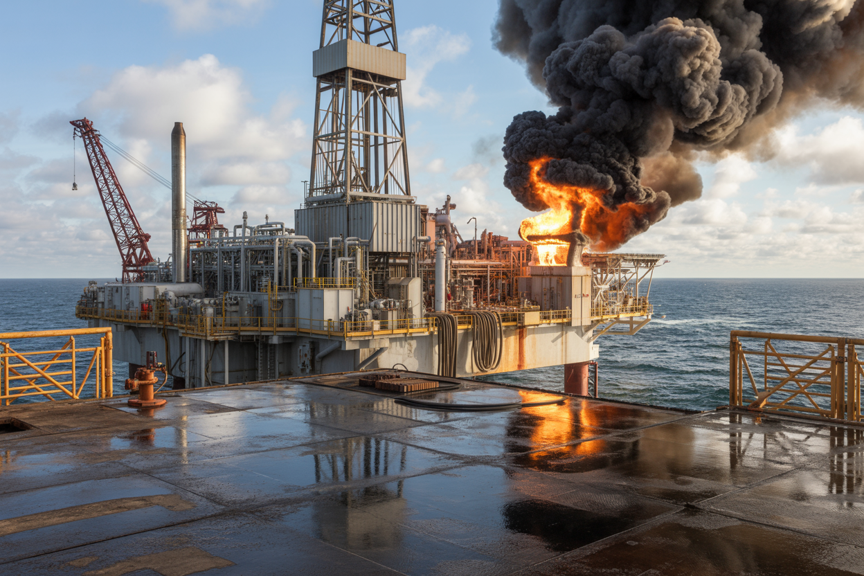 Create a realistic image of an offshore drilling rig platform during daytime with visible fire hazards including flames erupting from a wellhead, thick black smoke billowing into the sky, oil spills on the metal deck surface, exposed fuel lines and gas venting systems, heavy industrial equipment like rotary tables and mud pumps, steel framework and derrick structure, ocean waves visible in the background, dramatic lighting from the fire illuminating the metallic surfaces, creating an atmosphere of industrial danger and emergency conditions, Absolutely NO text should be in the scene.