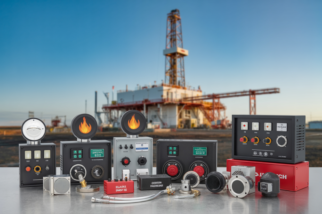 Create a realistic image of essential fire detection system components arranged on a clean industrial workbench including smoke detectors, heat sensors, flame detectors, control panels with LED indicators, gas detection sensors, alarm speakers, and monitoring equipment, with a drilling rig structure visible in the blurred background, captured in bright industrial lighting that highlights the technical details of each component, absolutely NO text should be in the scene.