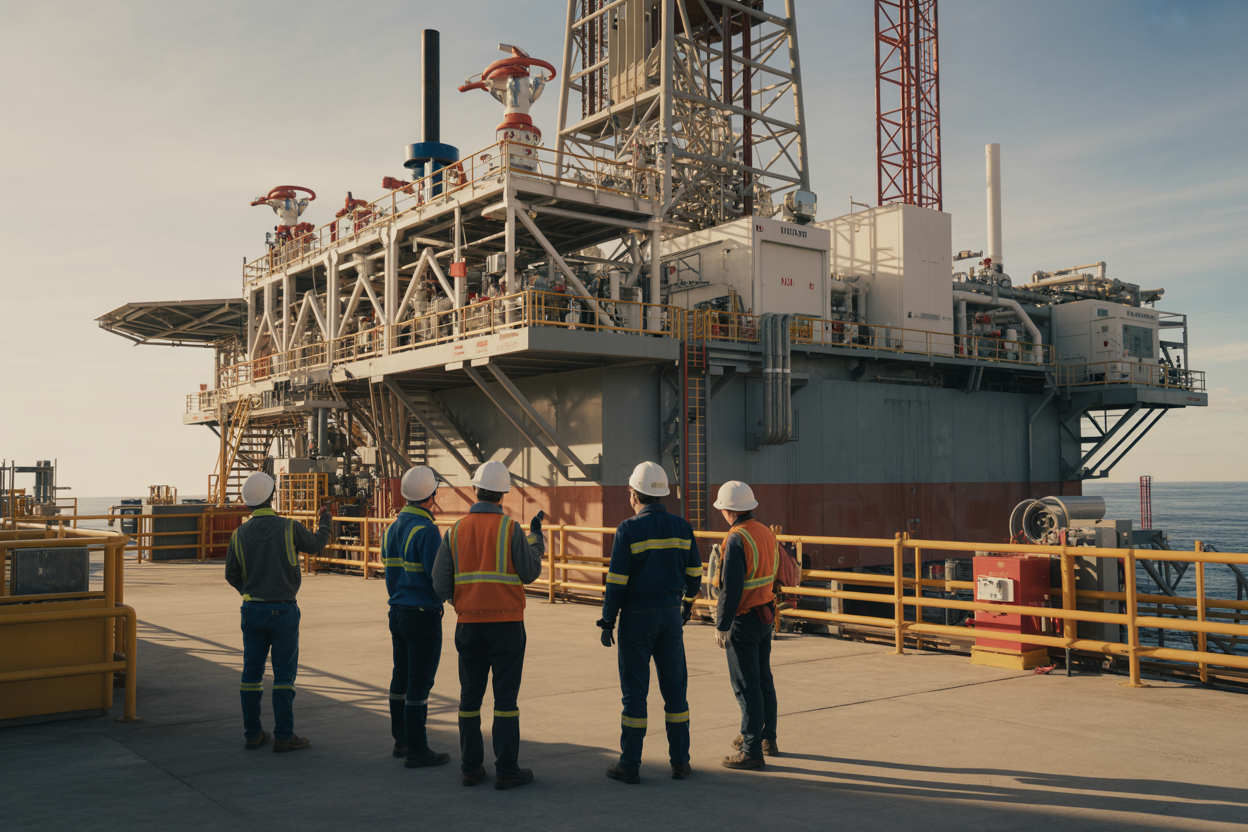 Create a realistic image of a drilling rig platform showing fire detection sensors and monitoring equipment strategically mounted at various heights and locations throughout the structure, with engineers in hard hats and safety vests examining installation points and checking placement diagrams, featuring industrial steel framework, piping systems, and detection devices positioned near high-risk areas like engine compartments and fuel systems, set during daylight hours with clear visibility of the technical equipment placement, absolutely NO text should be in the scene.