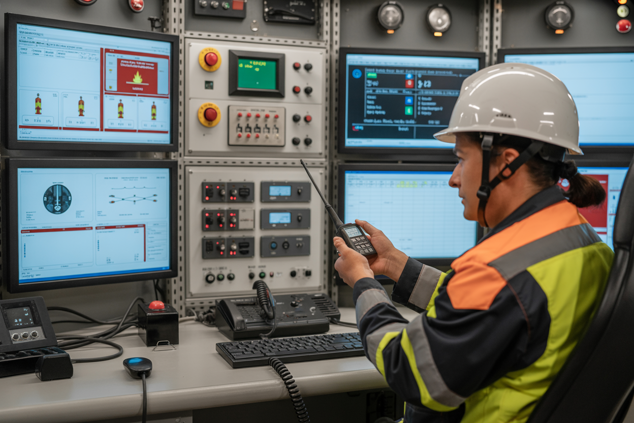 Create a realistic image of a modern drilling rig control room with multiple computer monitors displaying fire detection system interfaces, emergency response dashboards, and safety protocol screens, featuring integrated control panels with red emergency buttons, alarm indicators, and communication equipment, with a white male safety engineer in hard hat and high-visibility vest monitoring the systems while a black female emergency coordinator operates radio communication equipment, industrial lighting illuminating the sophisticated technological environment with cables and connection points visible between different safety systems, creating a professional and alert atmosphere focused on integrated emergency preparedness, absolutely NO text should be in the scene.