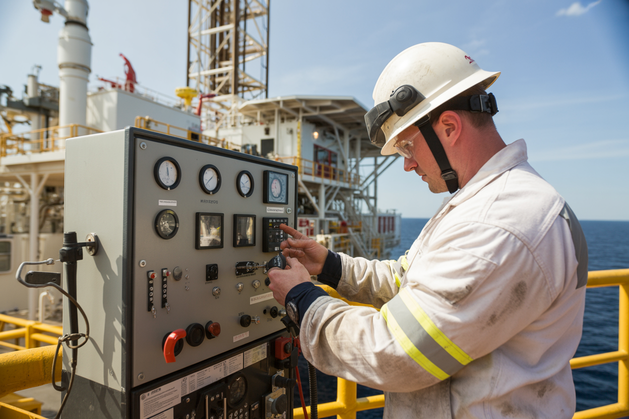Create a realistic image of a white male technician in safety gear and hard hat performing maintenance on a fire detection system control panel on an offshore drilling rig, with various testing equipment and gauges visible, industrial drilling equipment in the background, bright daylight with clear skies, showing focused professional maintenance work in progress, absolutely NO text should be in the scene.