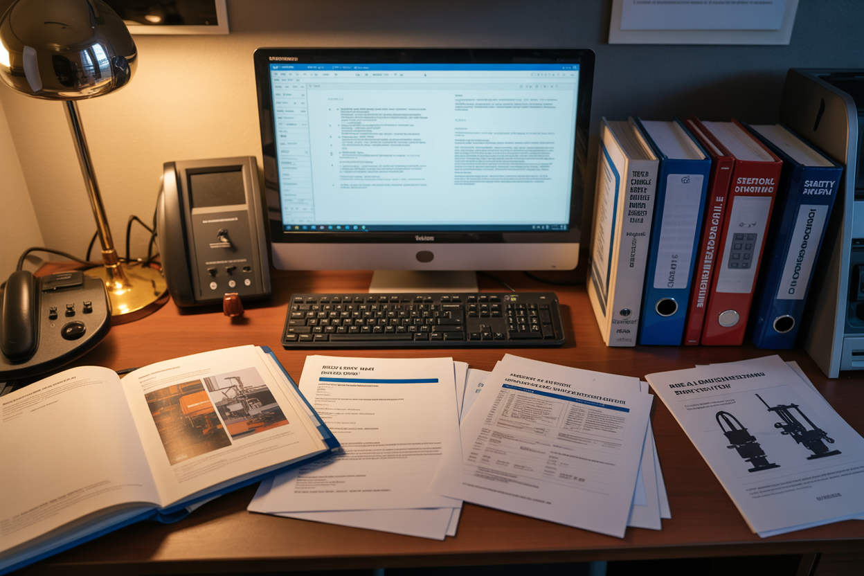 Create a realistic image of a professional library or research office desk with open technical manuals, industry handbooks, and reference documents about fire safety and drilling equipment scattered across the surface, a computer monitor displaying technical specifications, several printed research papers with highlighted sections, a stack of safety regulation binders, and industrial safety certification documents, with warm office lighting creating a studious atmosphere, absolutely NO text should be in the scene.