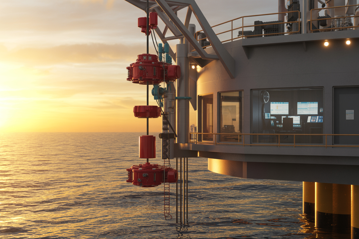 Create a realistic image of a modern offshore drilling rig at sunset with advanced fire detection systems visibly installed, featuring red fire detection sensors and monitoring equipment mounted on the rig structure, safety warning lights glowing softly, a control room with illuminated safety monitoring screens visible through windows, calm ocean waters reflecting the golden sunset light, professional industrial atmosphere conveying safety and preparedness, clean and well-maintained rig equipment, warm golden and orange lighting from the sunset contrasting with the cool blue industrial lighting of the safety systems, absolutely NO text should be in the scene.