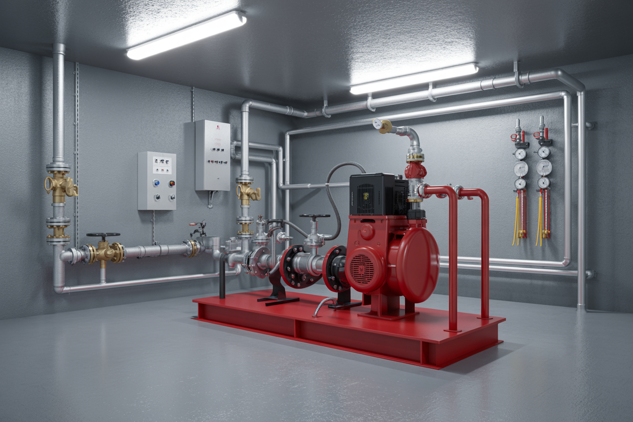 Create a realistic image of a detailed industrial fire pump room showing key fire pump system components, including a large red fire pump, control panel, valves, pipes, gauges, and a jockey pump, all mounted on a clean concrete floor with metallic walls and overhead lighting casting clear, even illumination; the background shows neatly organized cables and safety equipment, and the overall mood conveys precision, reliability, and critical infrastructure, with absolutely NO text should be in the scene.