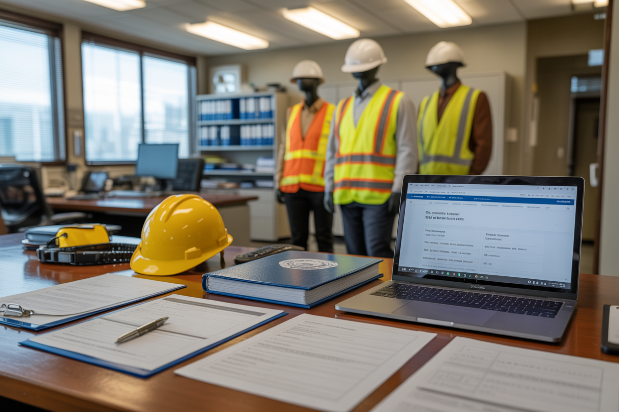 Create a realistic image of a professional office setting with regulatory compliance documents, safety standards manuals, and certification papers spread across a wooden desk, alongside a laptop displaying official regulatory website pages, with industrial safety equipment including hard hats and safety vests visible in the background, under bright fluorescent office lighting that creates a serious, professional atmosphere. Absolutely NO text should be in the scene.