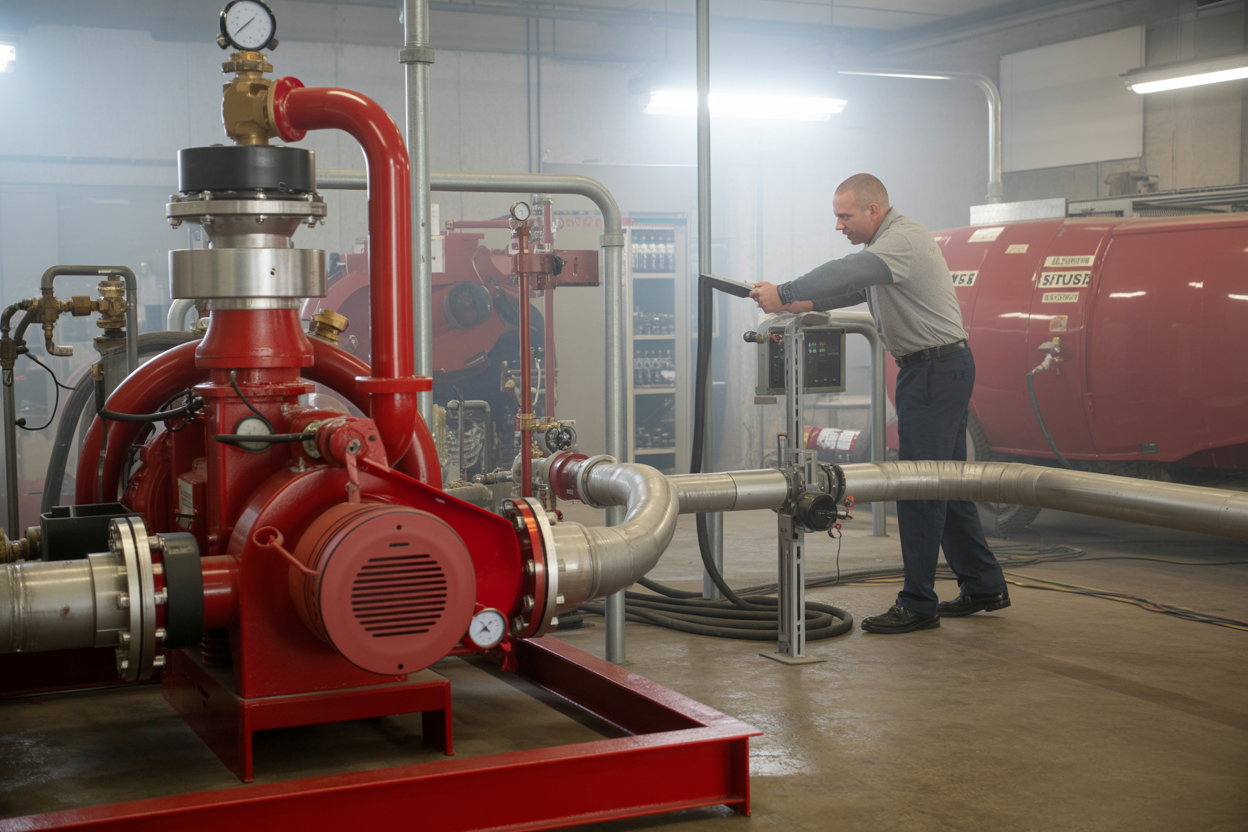 Create a realistic image of an industrial fire pump testing facility with a large red fire pump system in the foreground, pressure gauges and control panels visible, a white male technician in safety gear conducting testing procedures, metal piping and valves throughout the scene, industrial warehouse background with concrete floors, bright fluorescent lighting creating a professional work environment, testing equipment and monitoring devices nearby, clean and well-maintained industrial setting that conveys reliability and safety protocols, absolutely NO text should be in the scene.