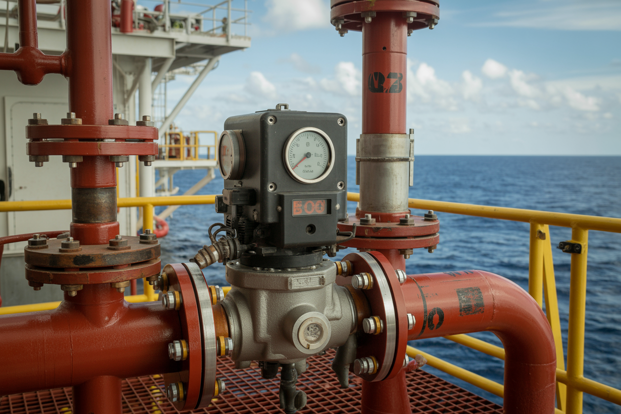 Create a realistic image of a damaged fire pump system on an offshore oil rig showing visible mechanical problems including corroded pipes, leaking connections, and a malfunctioning pump unit with warning gauges in the red zone, set against an industrial maritime background with steel platforms and ocean visible in the distance, captured in harsh industrial lighting that emphasizes the costly maintenance issues and operational concerns. Absolutely NO text should be in the scene.