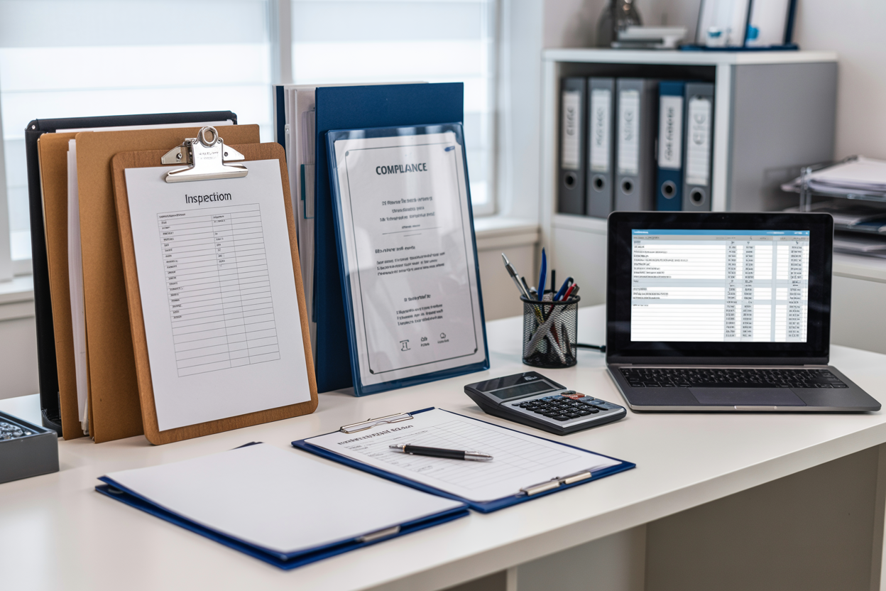 Create a realistic image of a well-organized office desk with neatly arranged documentation folders, clipboard with inspection checklists, digital tablet displaying spreadsheet data, official compliance certificates in protective sleeves, filing cabinet partially open showing labeled folders, professional calculator, pen holder with various writing instruments, and a laptop computer, all set against a clean industrial office background with soft natural lighting from a window, conveying professionalism and thorough record-keeping practices, absolutely NO text should be in the scene.