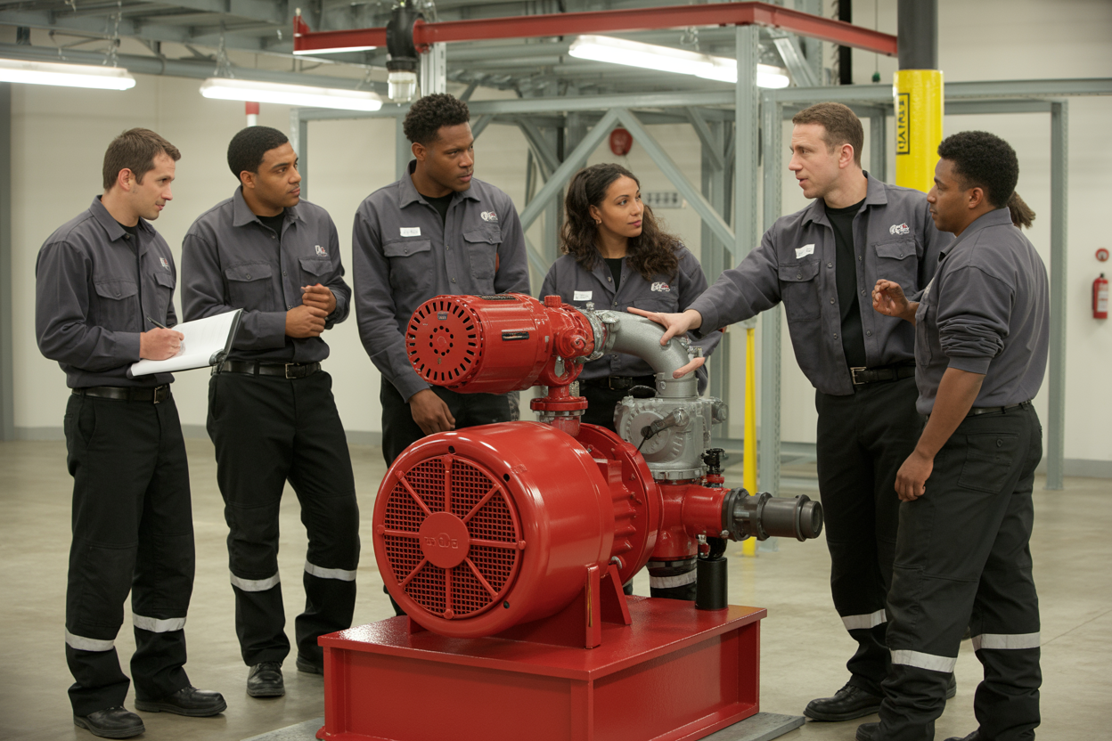 Create a realistic image of a diverse group of oil rig workers including white male, black female, and Hispanic male technicians gathered around a large red industrial fire pump system during a hands-on training session, with one instructor pointing to different components of the pump while trainees take notes and observe closely, set in a well-lit industrial facility with concrete floors, metal framework, and safety equipment visible in the background, conveying a professional learning atmosphere with bright fluorescent lighting illuminating the scene, absolutely NO text should be in the scene.