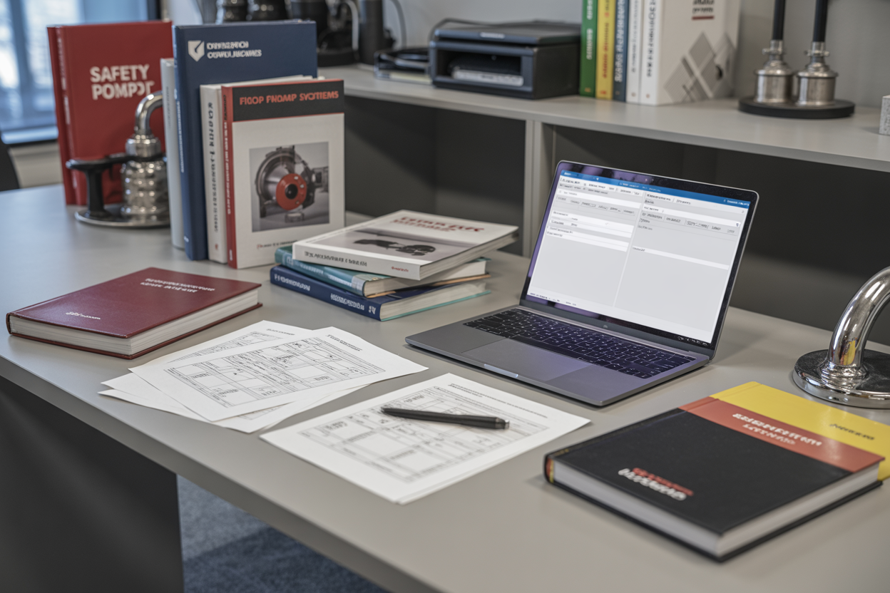 Create a realistic image of a clean, organized desk or table surface with scattered technical documents, safety manuals, and reference books related to fire safety and pump systems, alongside a laptop computer displaying technical specifications, with professional lighting in an office environment, complemented by safety equipment catalogs and industrial reference materials visible in the background, absolutely NO text should be in the scene.