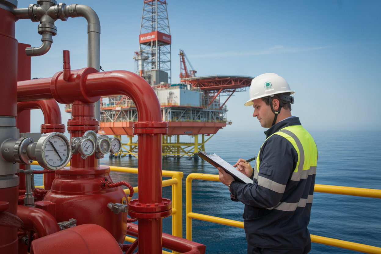 Create a realistic image of a modern offshore oil rig platform with a prominent red fire pump system in the foreground, showing industrial piping, gauges, and control panels, with a white male engineer in safety gear including hard hat and high-visibility vest inspecting the equipment while holding a clipboard, set against a clear blue ocean backdrop with the rig's steel structure visible, captured in bright daylight with professional industrial lighting that emphasizes the importance and reliability of fire safety systems, conveying a sense of professionalism, safety compliance, and operational excellence. Absolutely NO text should be in the scene.