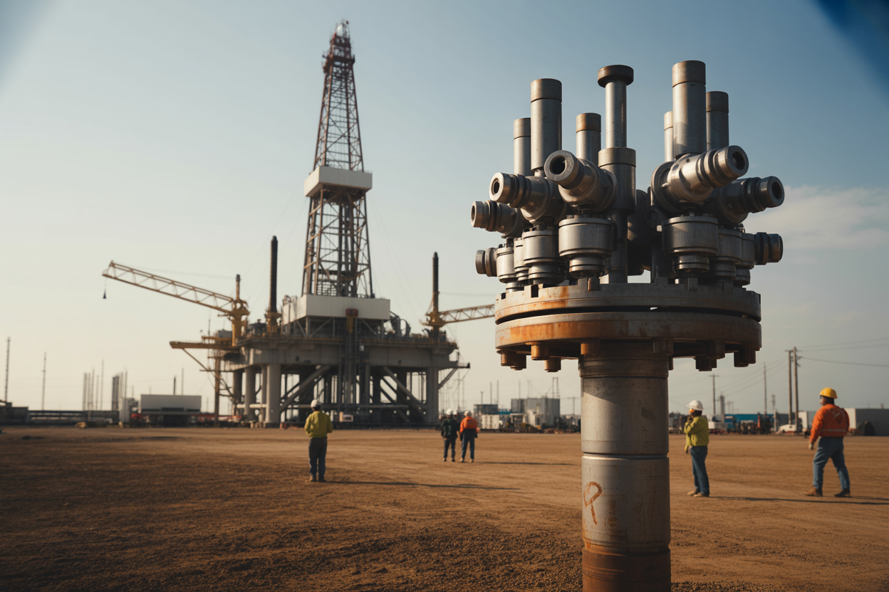 Create a realistic image of a massive onshore oil drilling rig with a prominent blowout preventer stack prominently displayed in the foreground, showing the detailed industrial equipment with multiple valves, pipes, and safety mechanisms stacked vertically, set against an active drilling site with steel derricks and industrial infrastructure in the background, captured during golden hour lighting that emphasizes the critical importance and robust engineering of this safety equipment, with oil field workers in hard hats and safety gear visible in the mid-distance to show scale, all rendered in sharp industrial detail that conveys the serious nature of oil drilling safety operations, absolutely NO text should be in the scene.