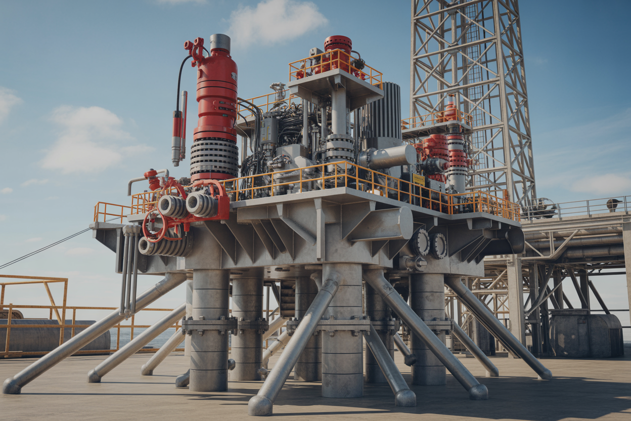 Create a realistic image of a detailed cross-section view of an onshore blowout preventer (BOP) stack showing its core mechanical components including ram preventers, annular preventers, control systems, hydraulic lines, and steel housing structures, with industrial oil drilling equipment visible in the background, set in a bright daylight outdoor industrial environment with clear lighting that highlights the intricate engineering details and metallic surfaces of the safety equipment, absolutely NO text should be in the scene.