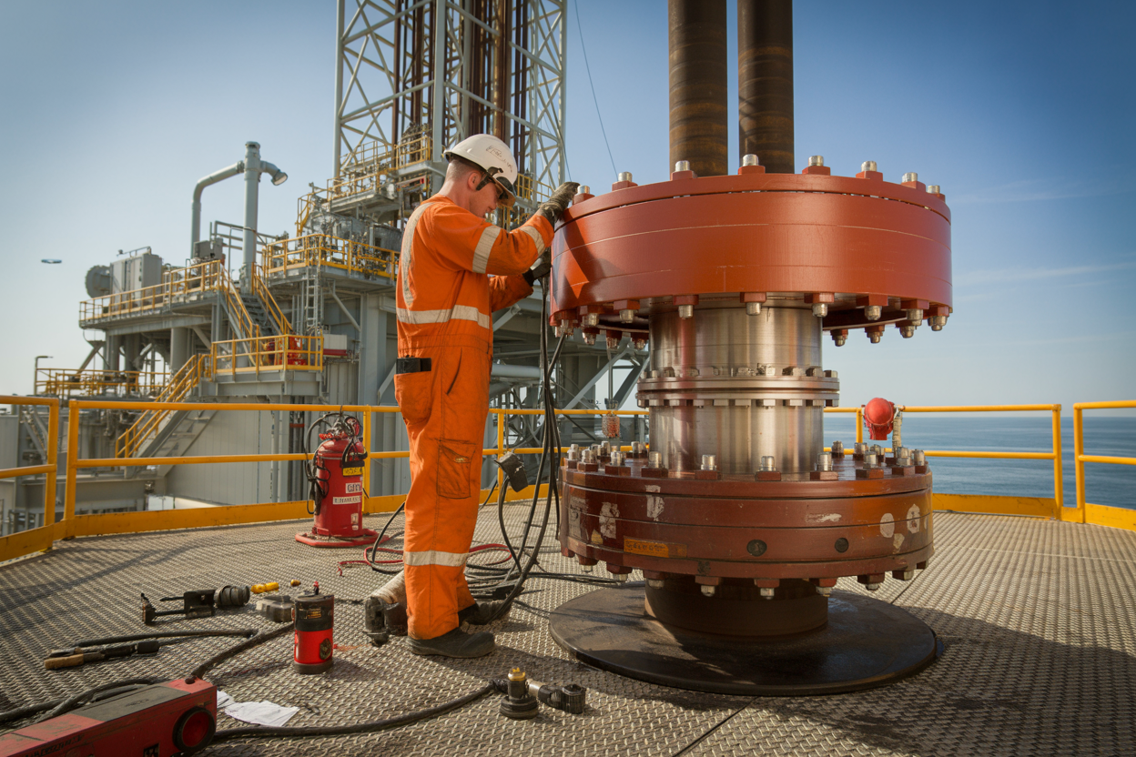 Create a realistic image of a white male technician in orange safety coveralls and hard hat performing detailed maintenance on a large onshore blowout preventer stack, with precision tools and equipment scattered around on a metal platform, industrial oil drilling facility in the background under bright daylight, conveying a sense of careful attention and professional expertise in safety protocols, absolutely NO text should be in the scene.
