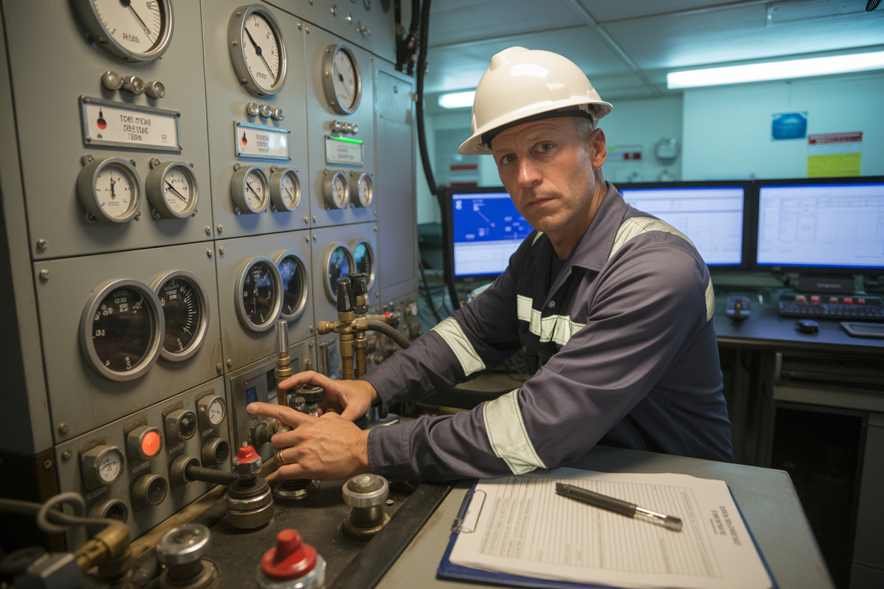 Create a realistic image of an oil drilling site control room with a white male operator in safety gear and hard hat actively monitoring multiple control panels and gauges, his hands positioned over emergency shutdown controls for the blowout preventer system, with detailed hydraulic control panels featuring pressure gauges, warning lights, and valve controls in the foreground, industrial computer monitors displaying drilling parameters in the background, emergency response procedures checklist visible on clipboard nearby, bright fluorescent lighting illuminating the technical workspace, creating an atmosphere of focused safety operations and emergency preparedness, absolutely NO text should be in the scene.