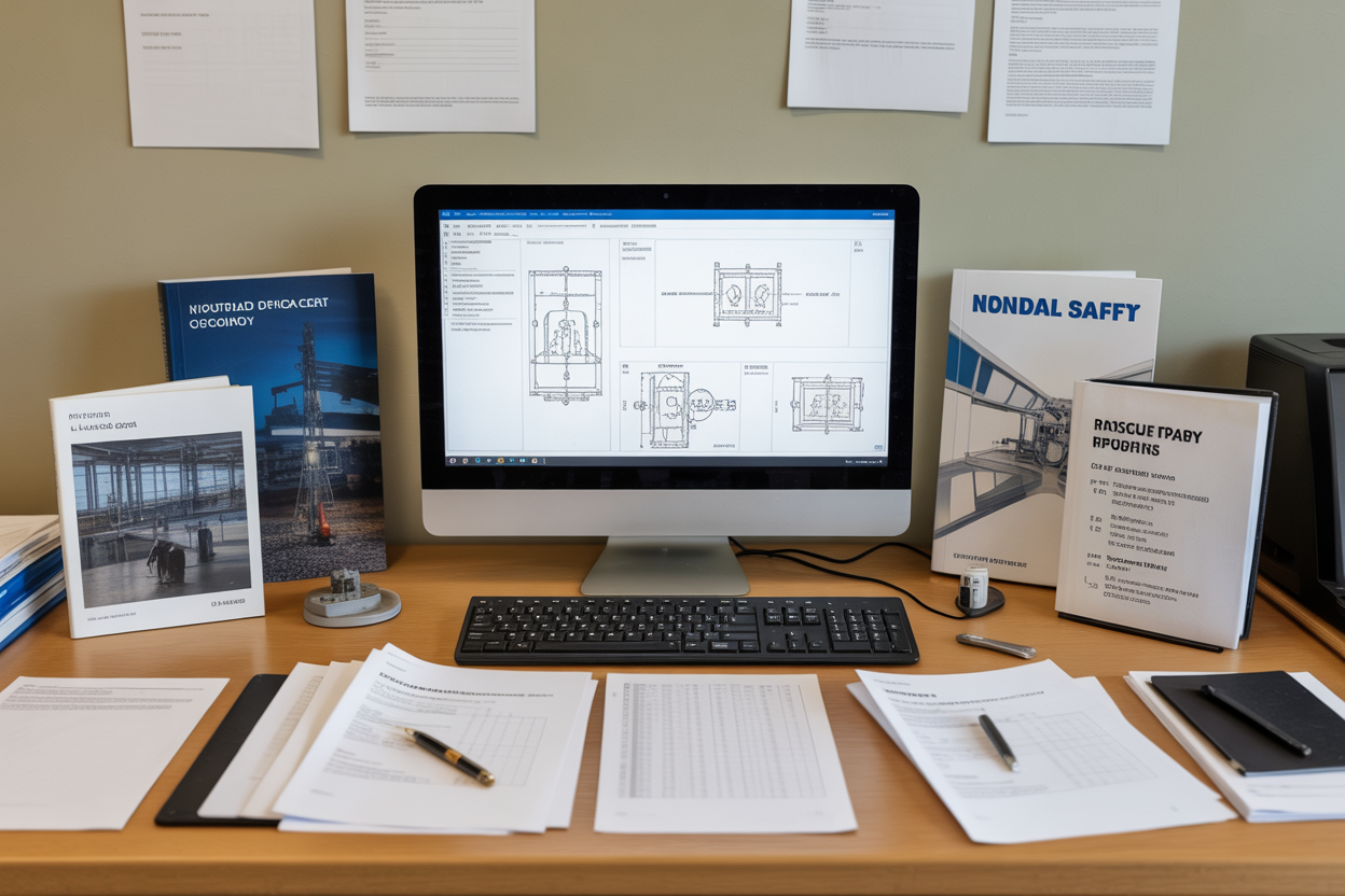 Create a realistic image of an organized desk or workspace with technical documents, engineering manuals, and research papers spread out, alongside a computer monitor displaying technical diagrams, with industrial safety equipment catalogs and regulatory guidebooks visible, set in a well-lit professional office environment with neutral lighting, absolutely NO text should be in the scene.