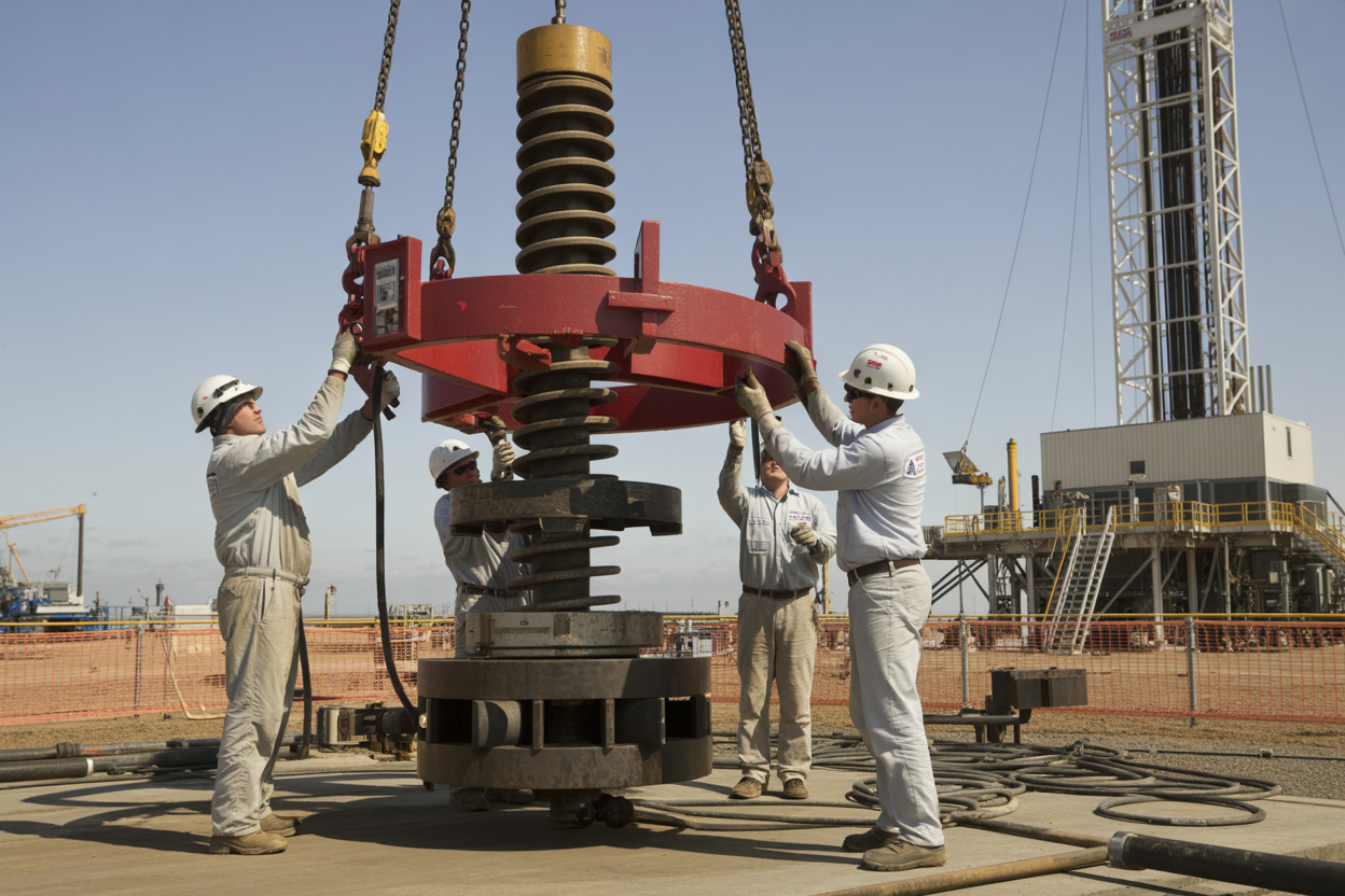 Create a realistic image of a detailed onshore oil drilling site showing workers installing a large blowout preventer stack, featuring white and black male technicians in safety gear carefully positioning heavy industrial equipment using cranes, with proper safety protocols visible including hard hats, safety harnesses, and protective barriers, set against an industrial oil field background with drilling rigs and equipment, captured in bright daylight with clear visibility showing the precision and care required for proper installation procedures, absolutely NO text should be in the scene.