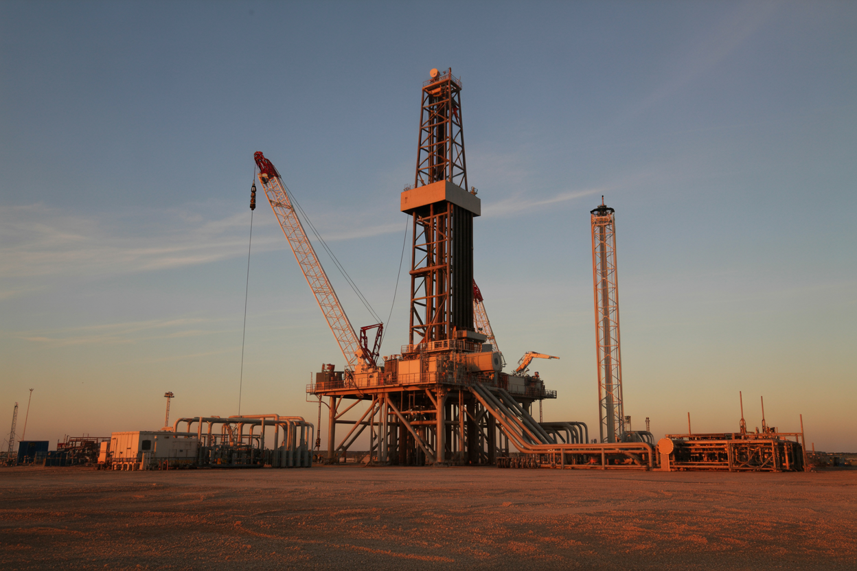 Create a realistic image of an onshore oil drilling site at golden hour showing a towering blowout preventer stack prominently positioned at the wellhead, with industrial drilling equipment and safety systems visible in the background, featuring a sense of security and protection with warm lighting casting long shadows across the industrial landscape, including safety barriers and control panels around the BOP stack, conveying the critical importance of this last line of defense in oil drilling operations, absolutely NO text should be in the scene.