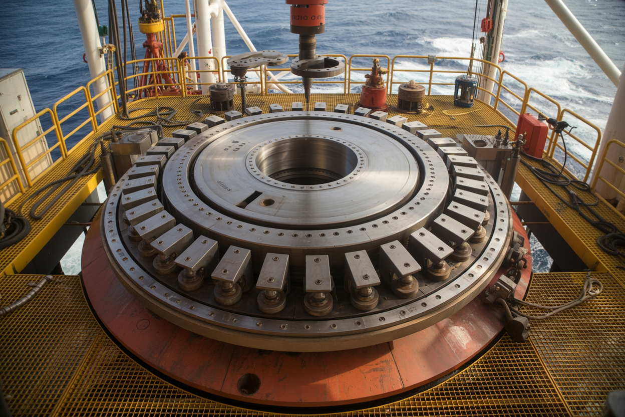 Create a realistic image of a large rotary table system on an offshore oil drilling rig platform, showing the circular steel rotating mechanism with its central opening, heavy-duty bearings, and drive motors, surrounded by drilling equipment and metal grating, with ocean waters visible in the background under bright industrial lighting, capturing the robust mechanical engineering of this drilling technology. Absolutely NO text should be in the scene.