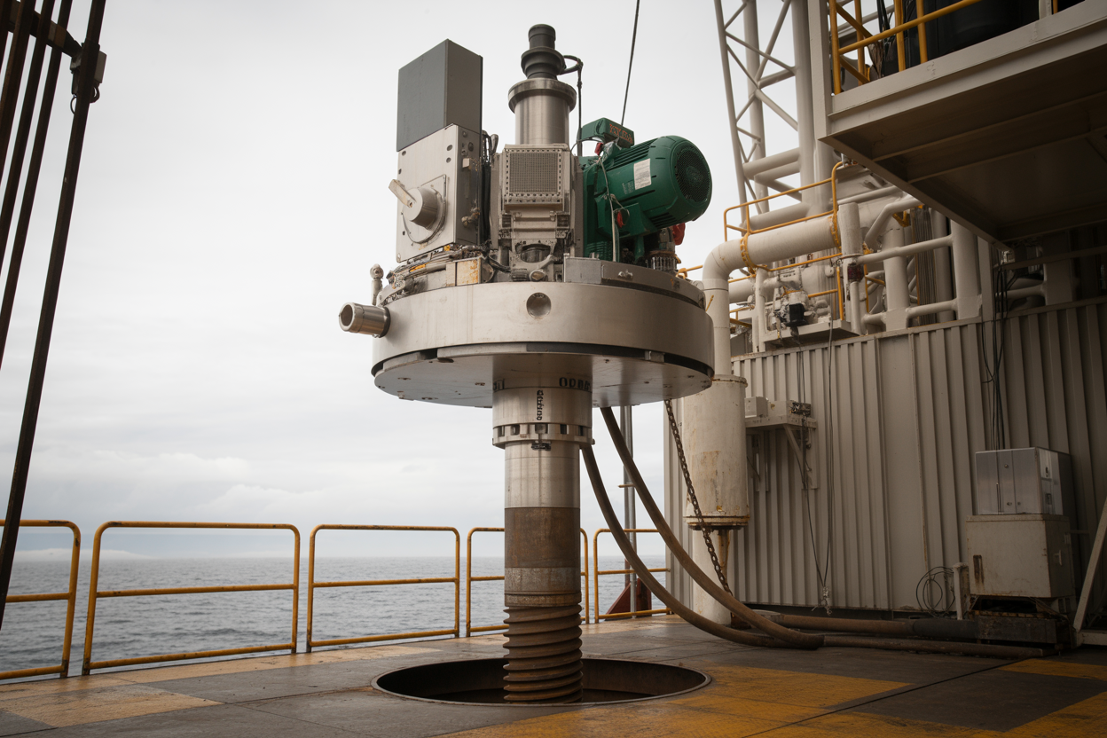 Create a realistic image of a modern top drive drilling system mounted on an offshore drilling rig, showing the large cylindrical top drive unit with its motor and control systems positioned above the drill string, steel drilling platform with safety railings, industrial pipes and equipment in the background, overcast sky, professional lighting highlighting the metallic surfaces and technical details of the machinery, absolutely NO text should be in the scene.