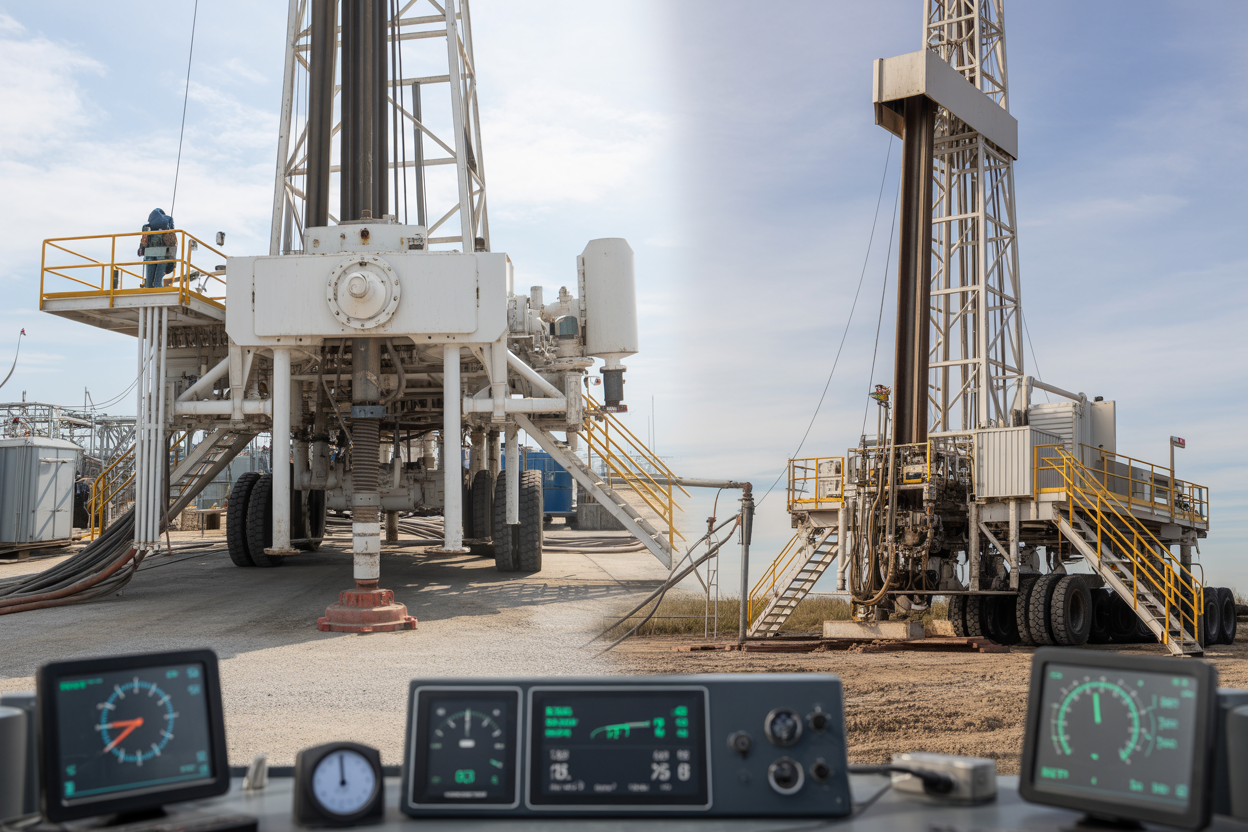 Create a realistic image of a split-screen industrial drilling scene showing a rotary table drilling system on the left side and a top drive drilling system on the right side, both operating on oil rigs with digital performance monitoring displays and gauges visible in the foreground, industrial oil field background with steel structures and equipment, bright daylight with clear visibility, active drilling operations in progress, professional industrial atmosphere, Absolutely NO text should be in the scene.