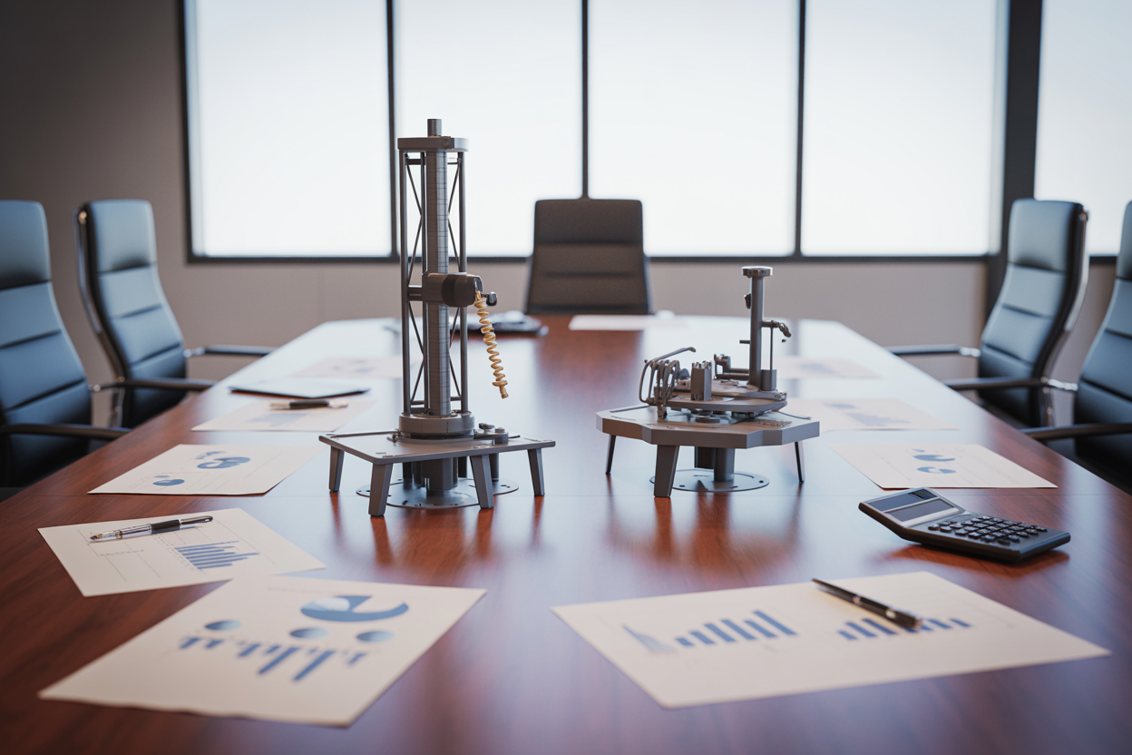 Create a realistic image of a modern office conference room with financial documents and charts spread across a polished wooden table, featuring two distinct drilling equipment models - a rotary table system and a top drive system - positioned as physical scale models on the table, with a calculator, financial reports, and investment analysis papers nearby, professional business atmosphere with soft natural lighting from large windows, clean corporate environment with neutral colors, absolutely NO text should be in the scene.