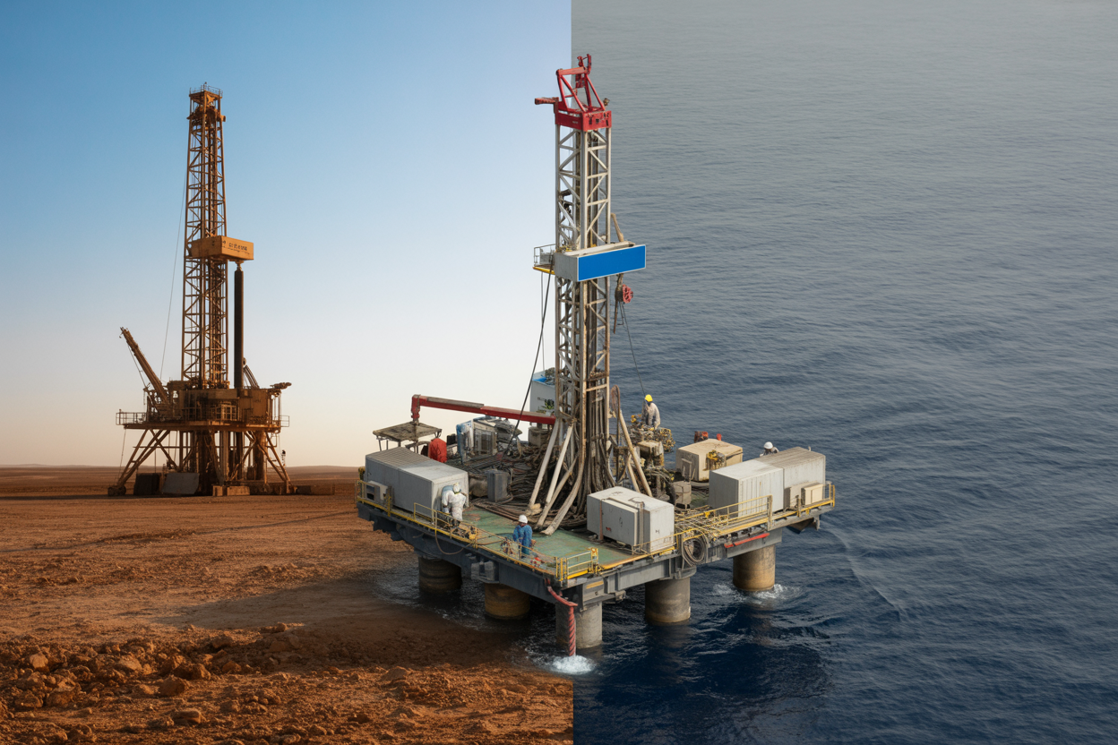Create a realistic image of a split-screen comparison showing two different oil drilling operations, with the left side featuring a traditional rotary table drilling rig on an onshore oil field with desert terrain, and the right side showing a modern top drive drilling system on an offshore oil platform surrounded by ocean waters, both rigs actively drilling with workers in hard hats and safety gear operating the equipment, industrial atmosphere with clear blue sky, professional lighting highlighting the technical differences between the two drilling systems, Absolutely NO text should be in the scene.