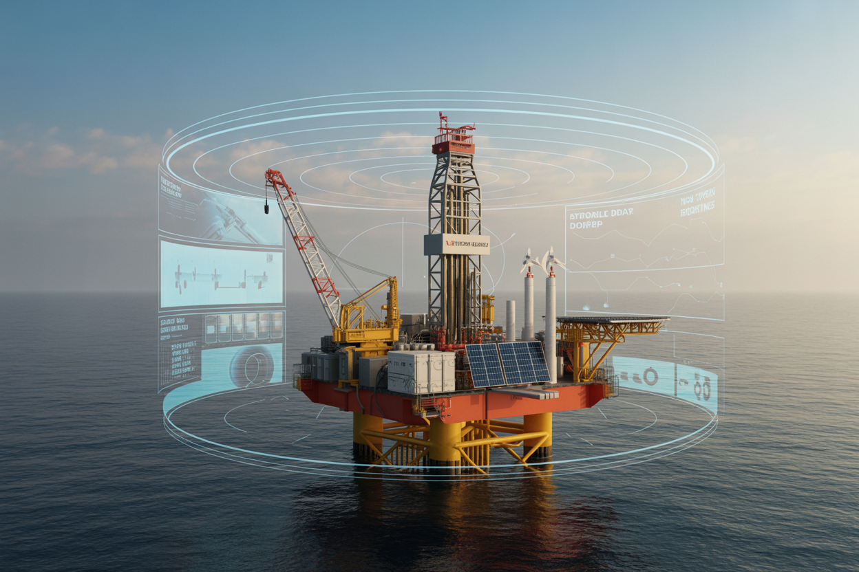 Create a realistic image of a modern offshore drilling platform with advanced drilling equipment prominently featuring both rotary table and top drive systems side by side, surrounded by digital holographic displays showing technical data and future technology projections, with sleek solar panels and wind turbines integrated into the platform design, set against a clear ocean horizon during golden hour lighting, creating a forward-thinking industrial atmosphere that emphasizes technological advancement and sustainability in drilling operations, absolutely NO text should be in the scene.