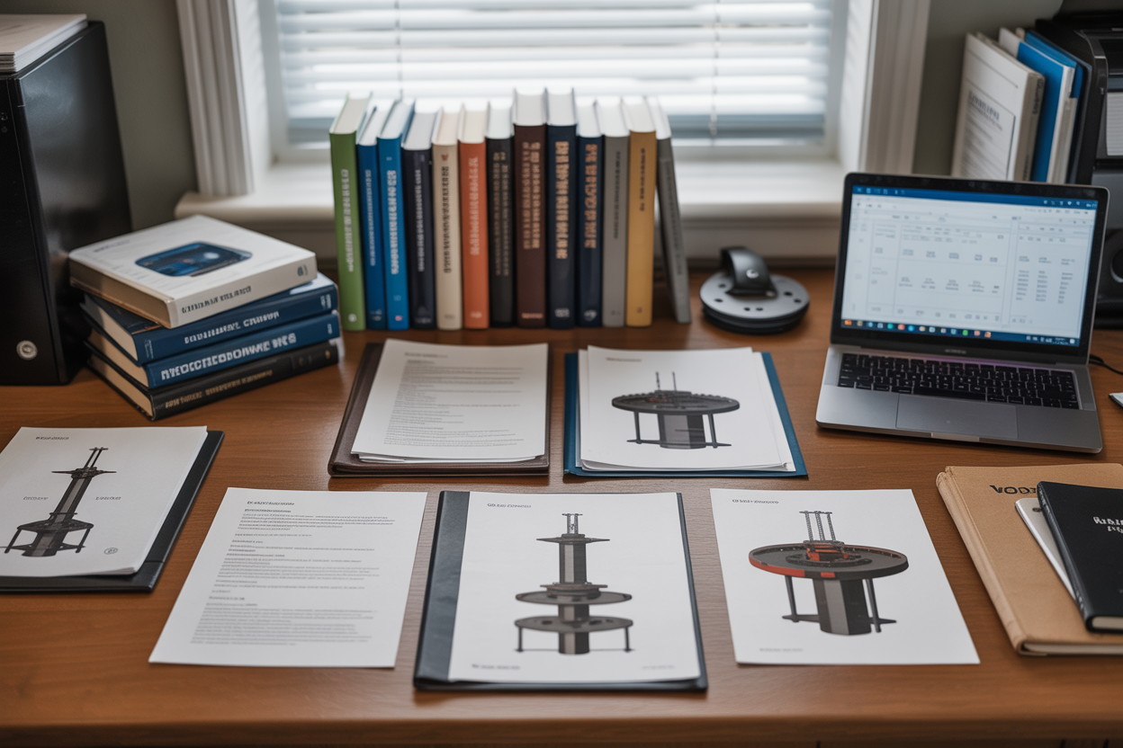 Create a realistic image of an organized collection of technical documents, research papers, and engineering manuals spread across a wooden desk, featuring drilling equipment reference materials with visible diagrams of rotary tables and top drive systems, alongside a laptop computer displaying technical specifications, industrial engineering books stacked neatly, and professional documentation folders, all arranged in a well-lit office environment with natural lighting from a window, creating a scholarly and professional research atmosphere. Absolutely NO text should be in the scene.