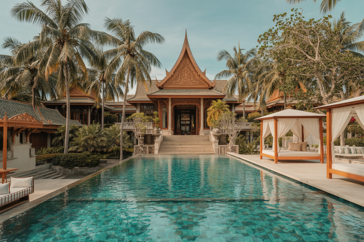 Create a realistic image of an opulent infinity pool overlooking turquoise tropical waters with a traditional Southeast Asian luxury resort featuring ornate wooden architecture and golden accents in the background, surrounded by lush tropical palm trees and exotic vegetation, with elegant poolside cabanas and luxurious outdoor furniture, captured during golden hour with warm, soft lighting creating a serene and exclusive atmosphere. Absolutely NO text should be in the scene.