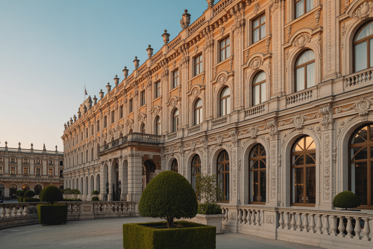 Create a realistic image of a grand European palace hotel exterior with ornate baroque architecture, featuring elaborate stone facades, golden decorative elements, arched windows with intricate moldings, marble columns, and manicured gardens with topiary bushes in the foreground, set against a clear blue sky with warm golden hour lighting that highlights the luxurious architectural details and creates an atmosphere of exclusivity and opulence. Absolutely NO text should be in the scene.