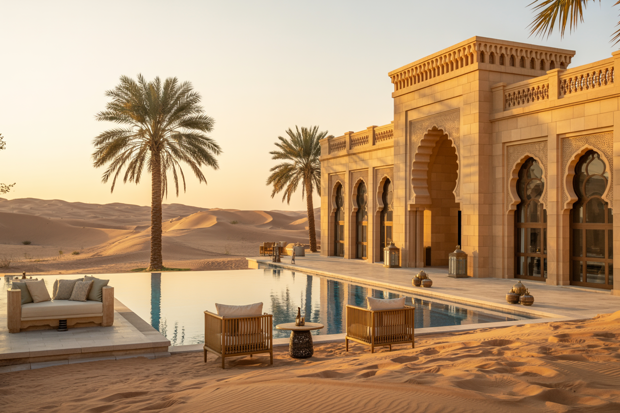 Create a realistic image of an ultra-luxurious desert resort hotel in the Middle East featuring opulent Arabian architecture with golden sandstone walls, ornate arches, and decorative Islamic geometric patterns, surrounded by pristine sand dunes under a warm golden sunset sky, with an infinity pool reflecting the amber light, palm trees swaying gently, elegant outdoor seating areas with plush cushions and traditional lanterns, and the vast desert landscape stretching to the horizon creating a serene and exclusive atmosphere. Absolutely NO text should be in the scene.