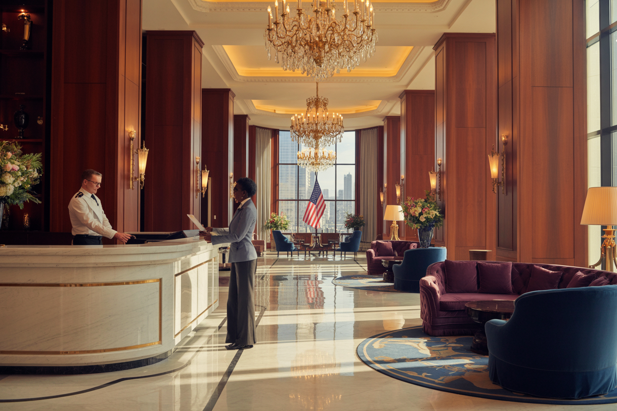Create a realistic image of an opulent hotel lobby showcasing quintessential American luxury hospitality, featuring a grand marble reception desk with polished brass accents, crystal chandeliers casting warm golden light from above, rich mahogany wood paneling, plush velvet seating areas in deep burgundy and navy blue, a white male concierge in an elegant uniform assisting a well-dressed black female guest, American flag subtly displayed, tall windows revealing a city skyline, fresh floral arrangements, and gleaming marble floors reflecting the sophisticated lighting, all conveying the pinnacle of American hospitality excellence in an upscale five-star hotel setting, absolutely NO text should be in the scene.