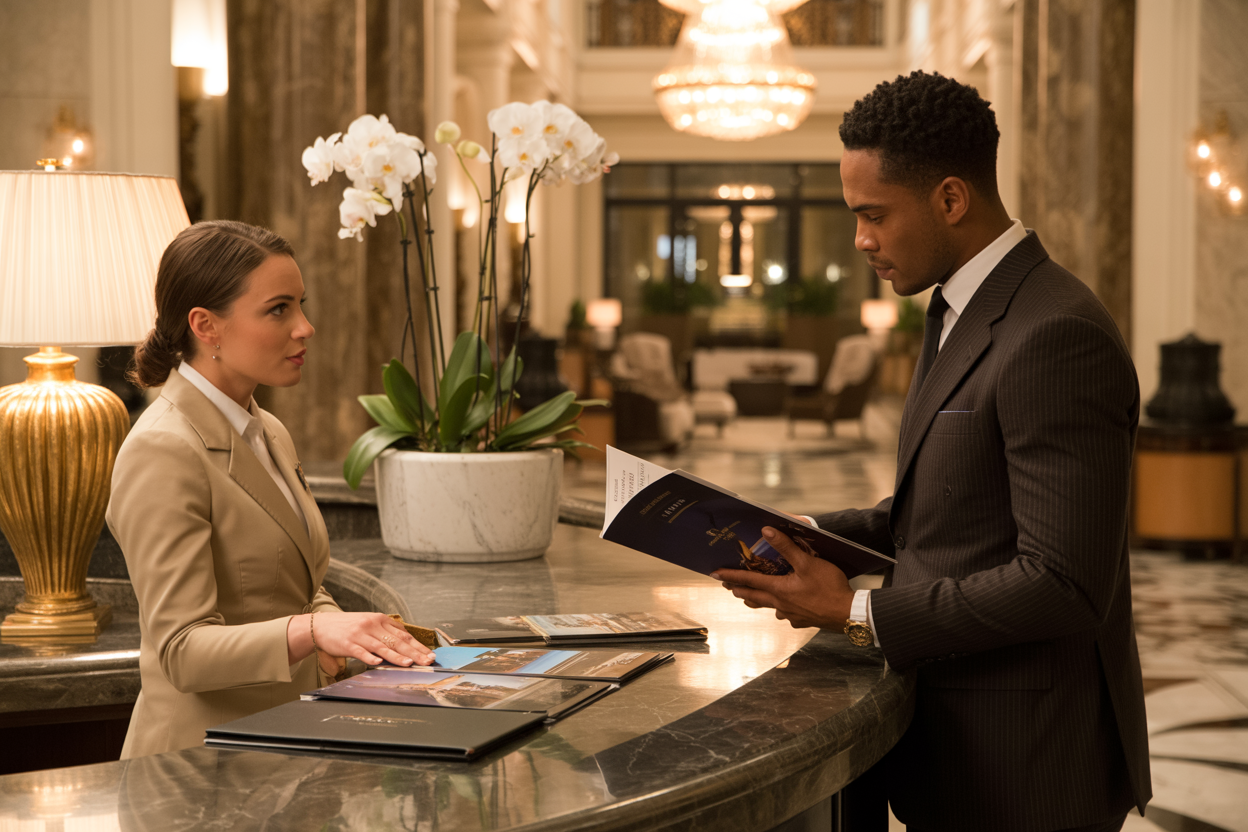 Create a realistic image of an elegant hotel concierge desk scene with a well-dressed white female travel advisor consulting with a sophisticated black male client over luxury travel brochures and planning materials, featuring marble surfaces, golden accents, fresh orchids, soft warm lighting from crystal chandeliers, with glimpses of opulent hotel lobby architecture in the blurred background including plush seating areas and grand columns, conveying an atmosphere of exclusive luxury travel planning and personalized service, absolutely NO text should be in the scene.