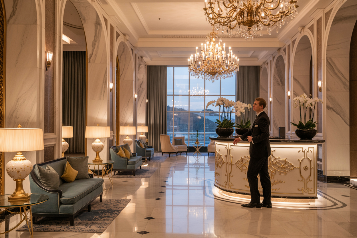 Create a realistic image of an elegant luxury hotel lobby with marble floors, crystal chandeliers, and gold accents, featuring a sophisticated white male concierge in formal attire standing behind an ornate reception desk, with plush velvet seating areas, fresh orchid arrangements, and floor-to-ceiling windows revealing a scenic view, warm ambient lighting creating an inviting atmosphere that captures the essence of world-class hospitality and opulent accommodation, absolutely NO text should be in the scene.
